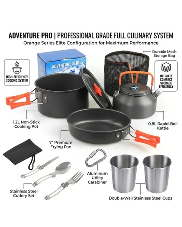 Tragbares Outdoor-Campingkochset aus Aluminiumlegierung mit Topf, Bratpfanne, Wasserkocher und Becher SG7E