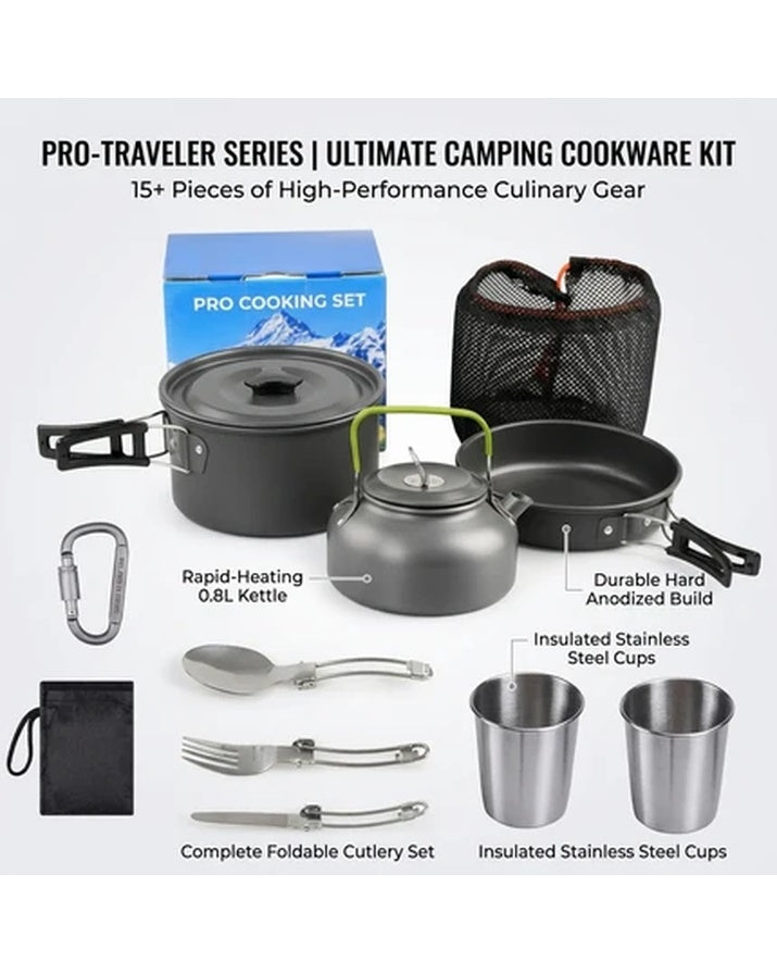 Set portátil de utensilios de cocina de aluminio para acampadas al aire libre, incluye olla, sartén, tetera y vaso SG7E