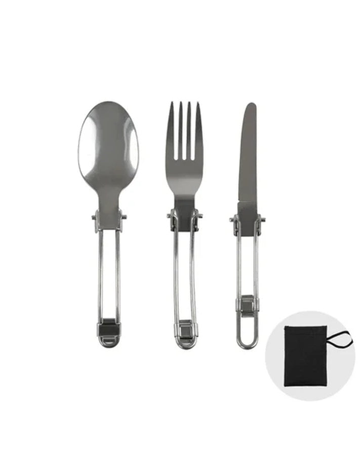 Faltbares 3-teiliges Besteckset aus 430-Edelstahl mit Messer, Gabel und Löffel, Campingbesteck mit Aufbewahrungstasche SG7C