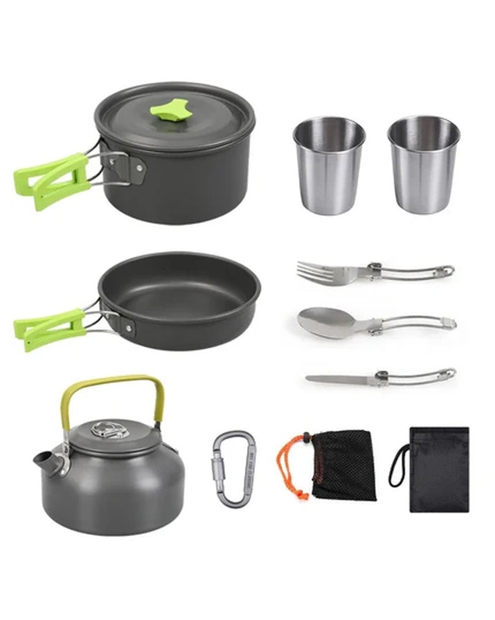 Tragbares Outdoor-Campingkochset aus Aluminiumlegierung mit Topf, Bratpfanne, Wasserkocher und Becher SG7E