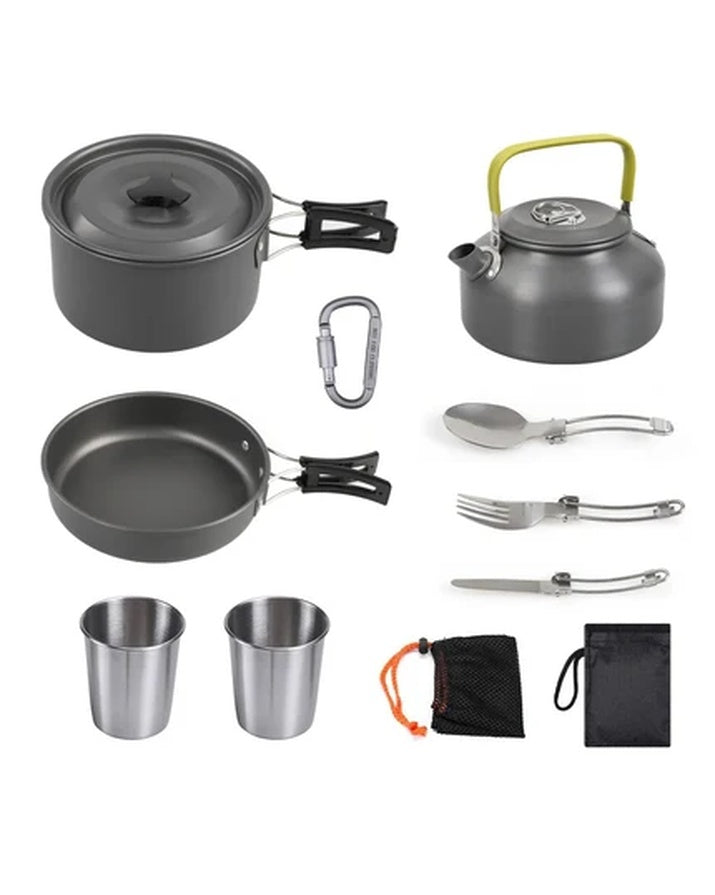 Tragbares Outdoor-Campingkochset aus Aluminiumlegierung mit Topf, Bratpfanne, Wasserkocher und Becher SG7E